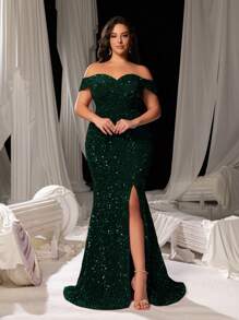 Faeriesty Curve Plus Women Elegant Sparkly Sequin Off-Shoulder Mermaid Gown With High Slit - Shimmering Evening Wear For Red Carpet Events, Luxury Weddings, Glam Party Dresses & Formal BanquetsSummer Holiday Outfits