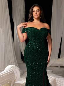 Faeriesty Curve Plus Women Elegant Sparkly Sequin Off-Shoulder Mermaid Gown With High Slit - Shimmering Evening Wear For Red Carpet Events, Luxury Weddings, Glam Party Dresses & Formal BanquetsSummer Holiday Outfits