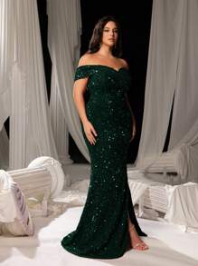 Faeriesty Curve Plus Women Elegant Sparkly Sequin Off-Shoulder Mermaid Gown With High Slit - Shimmering Evening Wear For Red Carpet Events, Luxury Weddings, Glam Party Dresses & Formal BanquetsSummer Holiday Outfits