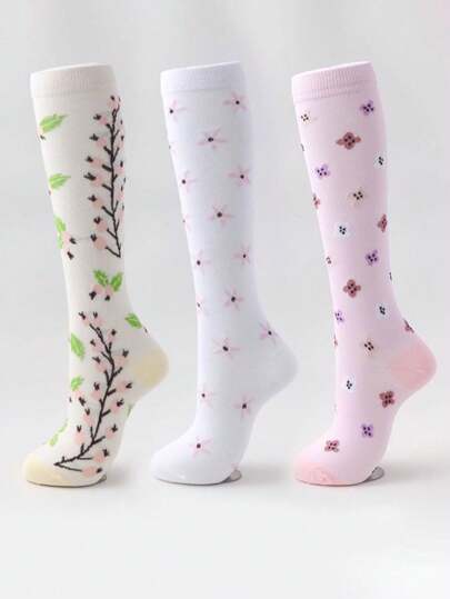 3pairs Sports Compression Socks For Women & Men, Jump Rope Running Calf Sleeve Elastic Long Stockings, Gym, Fall