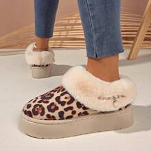 女士时尚舒适豹纹蓬松衬里厚底防滑冬季户外休闲一脚蹬雪地靴 - 杏色 - 查看 6