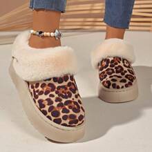 女士时尚舒适豹纹蓬松衬里厚底防滑冬季户外休闲一脚蹬雪地靴 - 杏色 - 查看 4