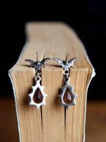 1對哥特式鋅合金蝙蝠和水鑽水滴形耳墜適用於女士日常裝飾 - 彩色 - 查看 4