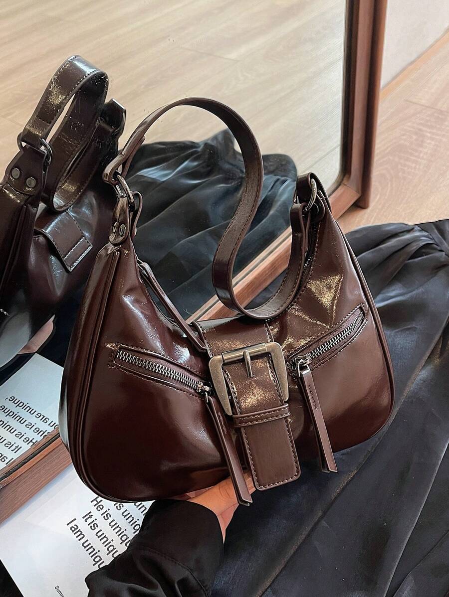 简约时尚休闲 PU 皮革单肩斜挎包腋下新月形手提包 - 咖啡棕 - 查看 1