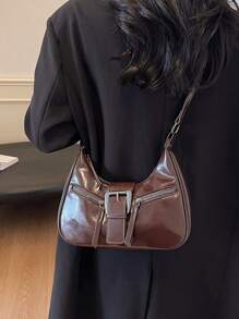 简约时尚休闲 PU 皮革单肩斜挎包腋下新月形手提包 - 咖啡棕 - 查看 2