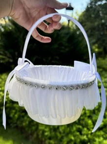 1 件装婚礼花童篮手工编织蕾丝婚礼篮配珍珠手柄甜美浪漫花瓣篮蕾丝婚礼篮适合花童派对用品万圣节