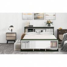 Full Size Platform Bed With Trundle,Storage Headboard And Footboard,USB Charging Design,White+Natural(Expected Arrival Time:10.17) - Trắng + Xanh lá + Gỗ đặc + MDF + Toàn bộ - Xem 6