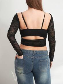 Women Y2K Floral Lace Shirt Top Long Sleeve Sheer Mesh See Through T Shirts Sexy Backless Slim Fit Going Out Crop Tee Tops Aesthetic Clothes Club Streetwear - màu đen - Xem 4
