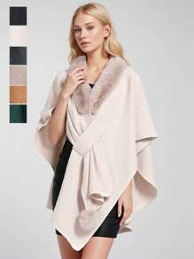 1 件宽松纯色斗篷开衫，带毛绒球装饰，女士时尚披肩，保暖外套 - 彩色 - 查看 1