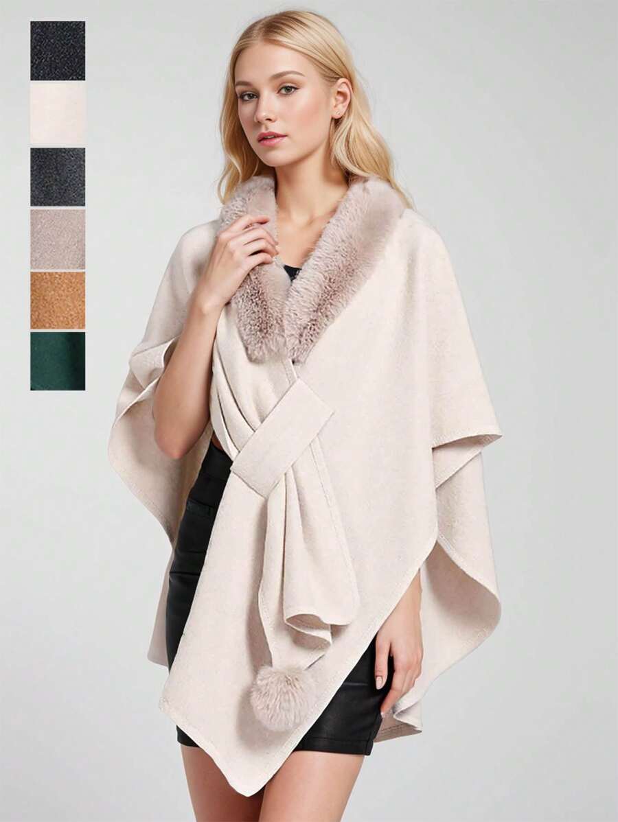 1 件宽松纯色斗篷开衫，带毛绒球装饰，女士时尚披肩，保暖外套 - 彩色 - 查看 1