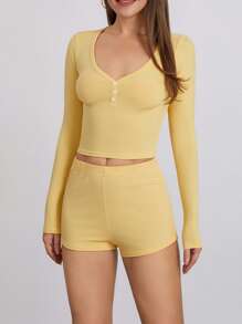Women's Summer Ribbed Loungewear Set, Solid Color Long Sleeve V-Neck Button Front Cropped Tops + Shorts 2 Pieces Sleepwear - Yellow - View 2