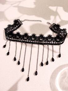 1pc Elegant Black Lace Pattern Fringe Thigh Chain Body Jewelry For Women