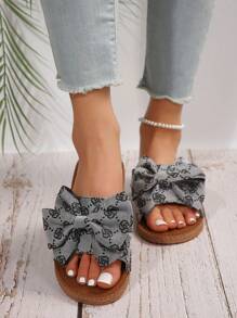 女士时尚蝴蝶结圆头拖鞋，穿脱凉鞋沙滩拖鞋，带防滑蝴蝶装饰 - 灰色 - 查看 8