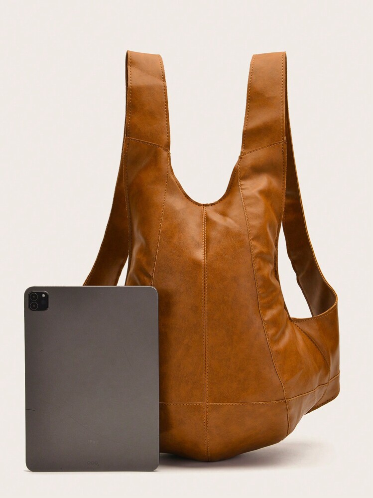 Retro-Style Faux Leather Daypack Backpack - Water-Resistant, Soft Shell, Zipper Closure, Utility Pocket, Solid Color, Punk Motorcycle-Inspired Design For Sports And Travel, School Backpack - Brown - View 2