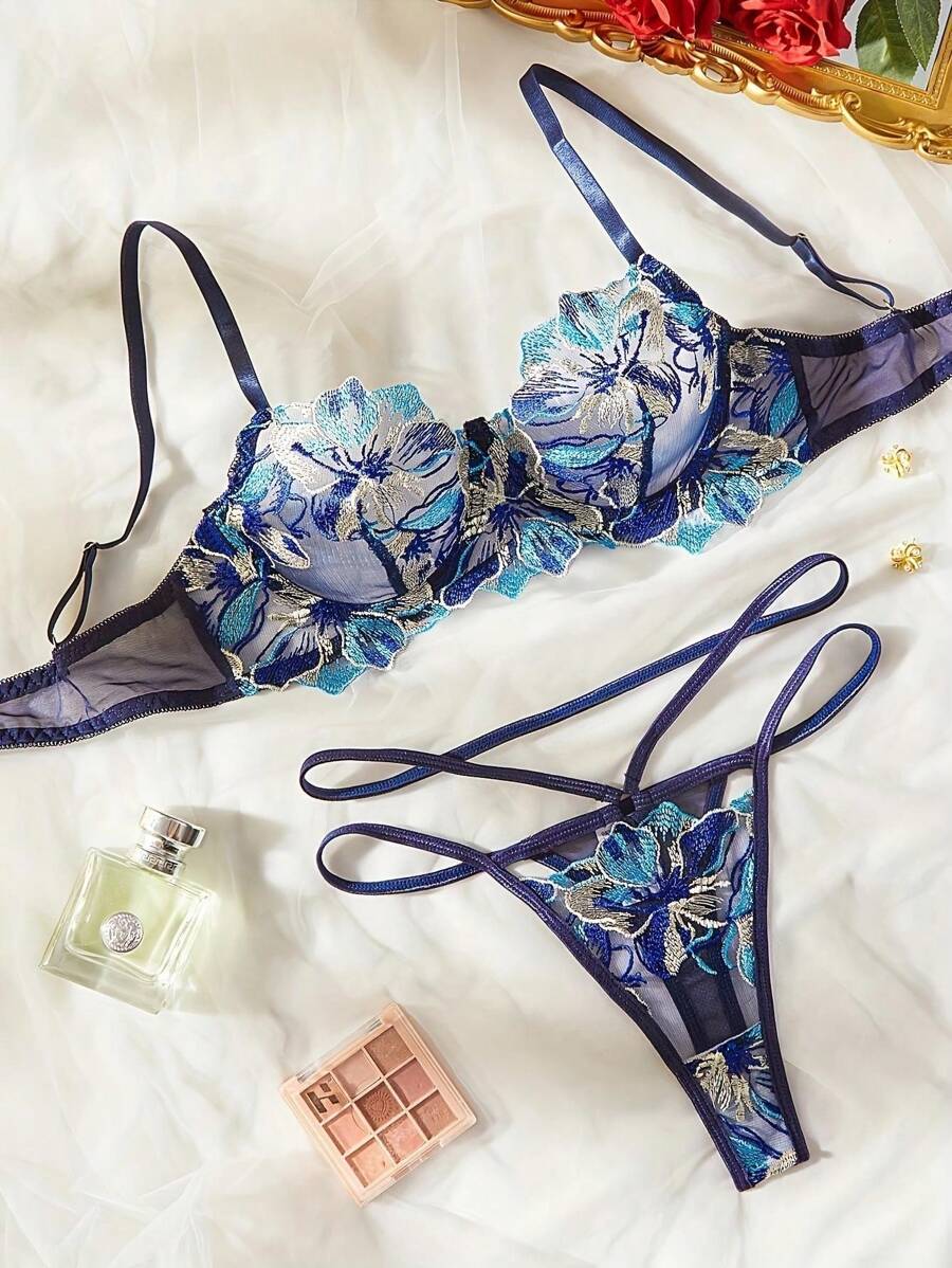 Bộ đồ lót Style Dream 2 món dành cho nữ, màu xanh dương, thêu hoa, chất liệu lưới xuyên thấu, gợi cảm và nâng đỡ tốt, lý tưởng cho những dịp thân mật. - Màu xanh lam - Xem 1
