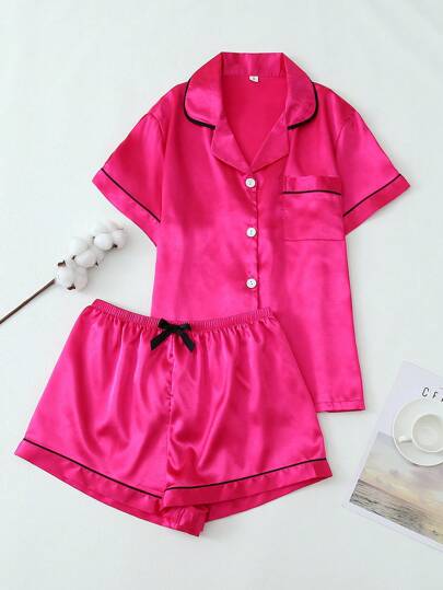 [Elegant Fields]2pcs Satin Fabric Summer Short Sleeve Collar Top And Bow Shorts Pajama Set For Women, Homewear, Two Pieces Set, For Christmas