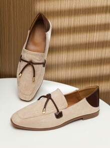 Giày bệt mũi vuông mới, đế mềm, đa năng, mũi thấp, giày lười, trang trí nơ, giày bệt nữ, thoải mái cho 4 mùa - Màu be - Xem 3