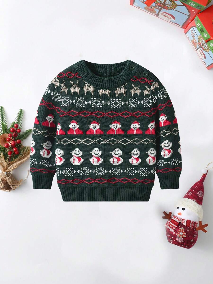 BOARNSEORL Áo len dệt kim dài tay họa tiết ông già Noel và người tuyết màu xanh lá cây cho bé trai, thích hợp cho tiệc Giáng sinh, mặc hàng ngày, mùa thu/đông - màu xanh lá - Xem 1