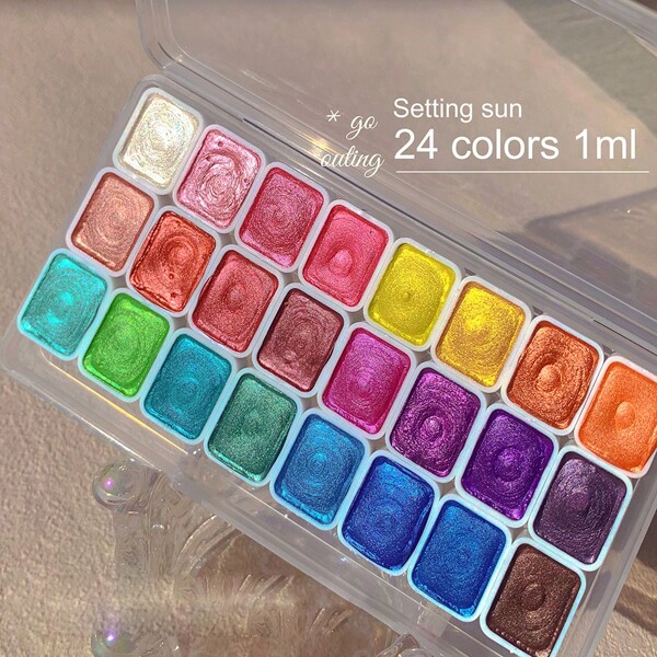 Conjunto de pigmentos de aquarela com 24 cores de pérola falsa - Kit de arte portátil com tinta sólida metálica com cores ricas e mistura suave - Presente de Natal perfeito para artistas, adultos e profissionais