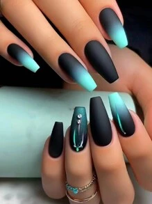 24Pcs Mid-Length Gradient White To Blue Toenail/Fingernail Artificial Nails, Elegant Ombre Design With Rhinestones Press On Nails Nail Supplies Nails