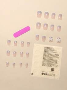 Bộ 24 móng tay giả vuông ngắn màu nude, kiểu Pháp chuyển màu xanh lam nhạt với nơ trắng, thích hợp cho các bạn gái và quý cô đeo hàng ngày ở văn phòng, kèm theo 1 miếng băng chà và 1 miếng keo dán - Màu be - Xem 3