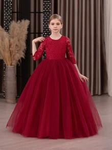 Sukienka księżniczki z koronkowym wykończeniem i głębokim dekoltem V, dla dziewcząt, elegancka, z odkrytymi plecami i siateczką, odpowiednia na Boże Narodzenie, urodziny, wesele, imprezę, bal, okazje świąteczne