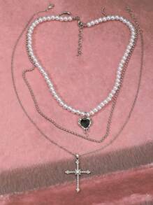 3 件装复古哥特式波西米亚风优雅多层人造珍珠心形堆叠和圆珠项链套装，奢华镶钻时尚女士首饰套装 - 銀色 - 查看 6