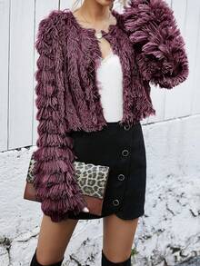 Women's Elegant Short Fuzzy Party Jacket - Purple - View 3