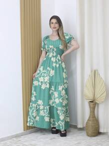 Women's Long Dress C Short Sleeve Printed Duna Fabric (Polyester) With Cups And Lining - Maxma 8410E - màu xanh lá - Xem 2