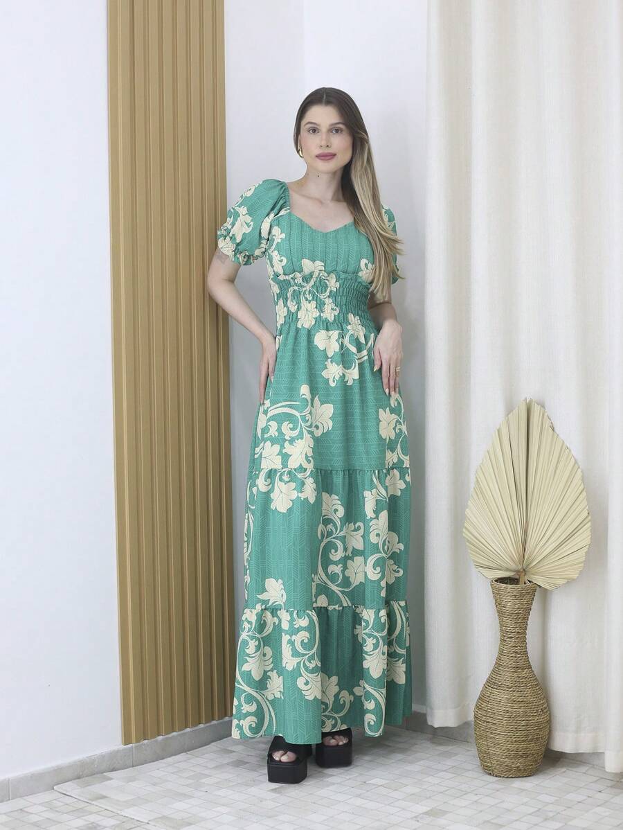 Women's Long Dress C Short Sleeve Printed Duna Fabric (Polyester) With Cups And Lining - Maxma 8410E - màu xanh lá - Xem 1