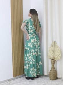 Women's Long Dress C Short Sleeve Printed Duna Fabric (Polyester) With Cups And Lining - Maxma 8410E - màu xanh lá - Xem 3