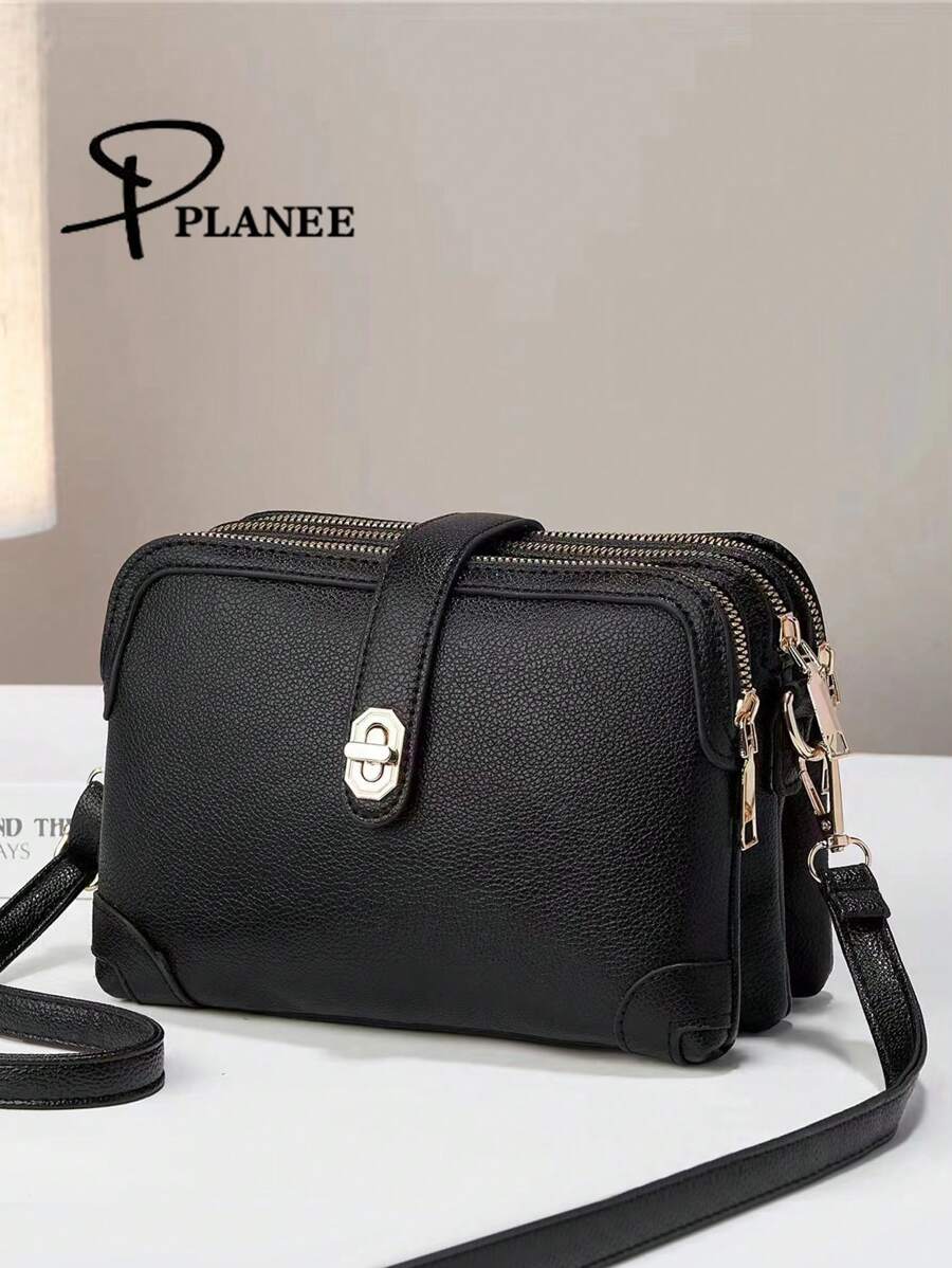 PLNAEE Black Wallet Essential For Autumn/Winter, Patchwork New Design Multi-Layer Pebble Grain Minimalist Soft Leather Fashion Multi-Function Shoulder Crossbody Square Bag, Middle-Aged Multi-Layer Mom Bag Handbag Shoulder Bag - Black - View 1