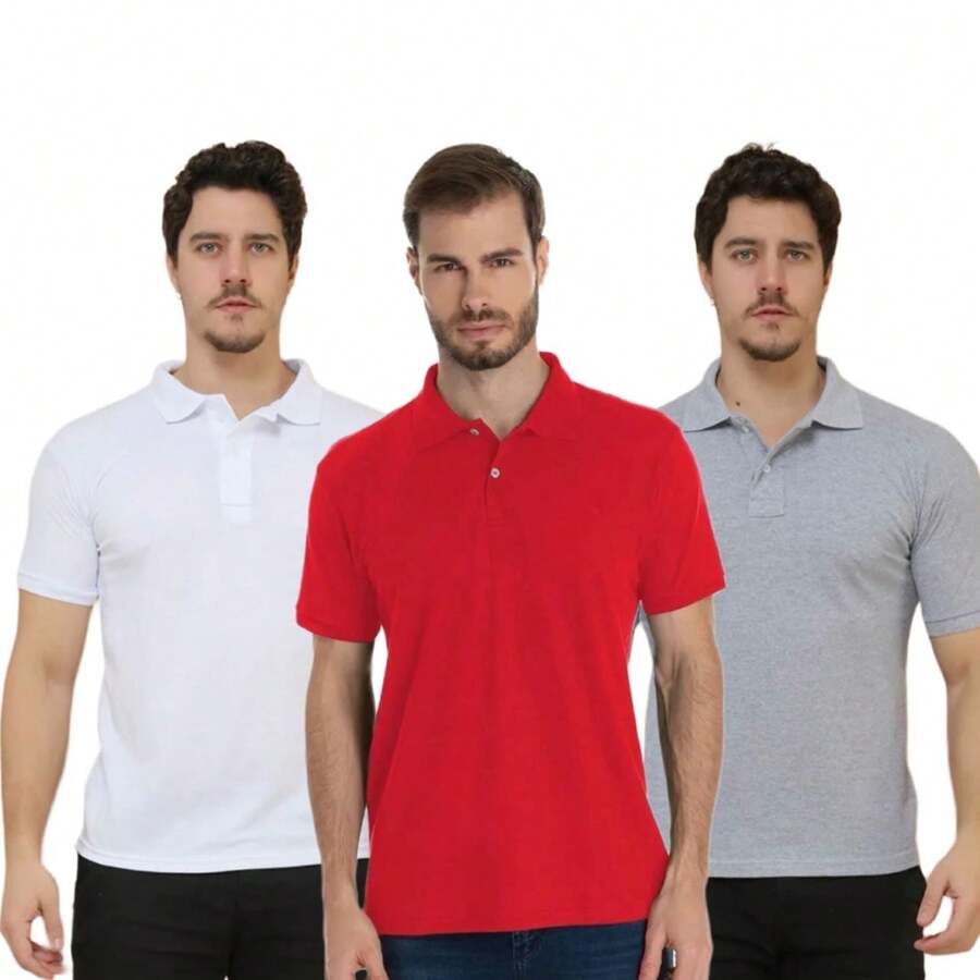 KIT 3 Basic Plain Men's Polo Collar Shirt S-M-L-GG-G1-G2-G3 - 藍色和黑色 - 查看 1