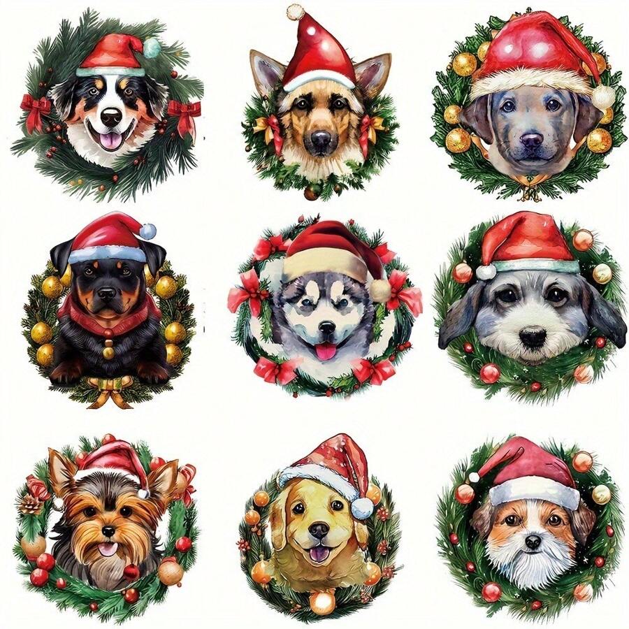 9 件圣诞狗熨烫乙烯基转印、混色热转印贴纸，适用于 DIY T 恤、枕头、服装装饰、节日贴花工艺用品 - 彩色 - 查看 1