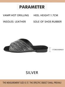 Women's Pure Handmade Rhinestone Decor Flat Sandals, Black Suede Comfortable Slippers For Casual Style In Summer - Silver - View 7
