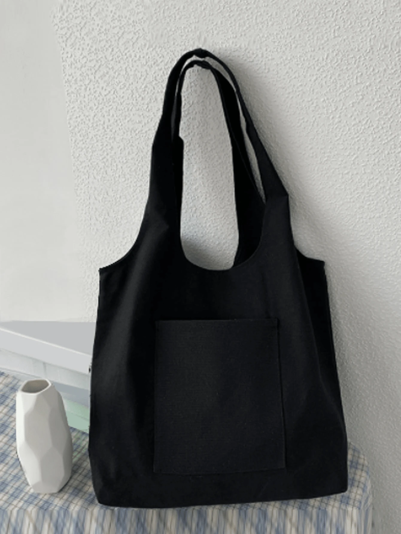 时尚纯色手提包米色和黑色购物原创男女通用旅行帆布包可折叠购物手提包大手提包、书包、大容量、便携、适合少女、女大学生、白领，非常适合工作、返校、初中、高中、大学、度假