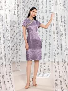 Short Sleeve Jacquard Floral Designs New Chinese Style Cheongsam Qipao Dress