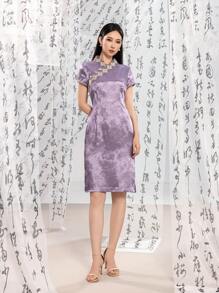 Short Sleeve Jacquard Floral Designs New Chinese Style Cheongsam Qipao Dress