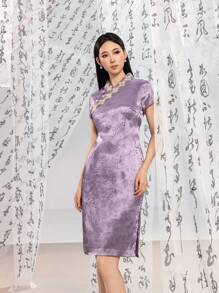 Short Sleeve Jacquard Floral Designs New Chinese Style Cheongsam Qipao Dress