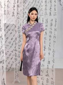 Short Sleeve Jacquard Floral Designs New Chinese Style Cheongsam Qipao Dress