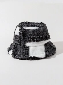 1pc Unisex Black & White Geometric Pattern Fleece Bucket Hat, Suitable For Autumn/Winter Warmth, Casual Wear, Travel