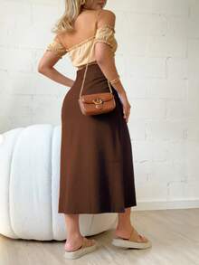 Tailored Slit Midi Skirt With Pockets Belt - 鏽棕色 - 查看 2