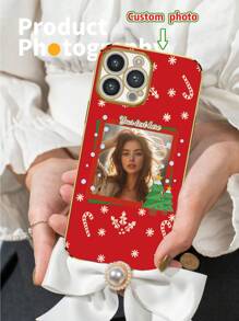 1pc 6D Electroplated White TPU Customizable Text & Photo, Christmas Style Pattern Shockproof Phone Case Compatible With Iphone//Redmi/OPPO/POCO Phones Red ,Cherished Little Joy - Black - View 3