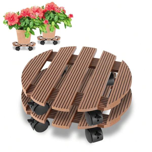 Joparri 1X 2X WPC Pflanzenroller Rund Ø 30 x 7,5 cm|Blumenroller mit Rollen, Rolluntersetzer Tragkraft 80 kg|Kübelroller für den Innen- und Außenbereich|Rollbrett für Pflanzen, Blumentopf (Braun)