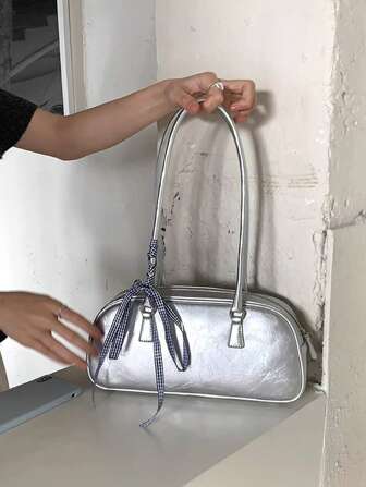 通勤风格小批量芭蕾风格银色围巾装饰单肩手提包，女士休闲手提包，适合办公室、外出、购物（不含围巾）