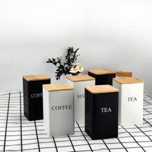 Juego de 3 botes de hierro forjado con tapas de bambú, recipientes herméticos de almacenamiento de cocina para café, azúcar y té - Latas cuadradas de hojalata sellables para organización y exhibición de despensa