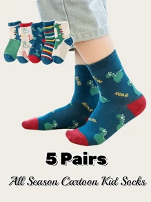 5 Pairs Children/Toddlers Classic Cute Green Dinosaur Cartoon Mid-Calf Socks - Army Green - View 3