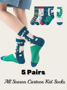 5 Pairs Children/Toddlers Classic Cute Green Dinosaur Cartoon Mid-Calf Socks - Army Green - View 2