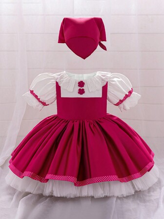 Abito da principessa per bambine in raso e chiffon fucsia con maniche a sbuffo e sciarpa al collo, adatto per occasioni speciali