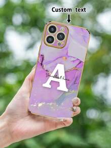 1 pieza Funda de teléfono a prueba de caídas con patrón de mármol, estilo de firma personalizable con texto, estilo electrochapado 6D en color púrpura TPU, compatible con Apple/ Galaxy/Redmi/OPPO/ 17 Pro Max/16 Pro Max/Galaxy A05/A54 5G/A52/A52s 5G/S21 FE 5G/S23 Ultra/S24 Ultra 5G/Poco X5 Pro